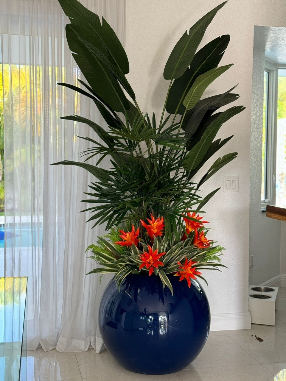 Tropical Mix Plants in Cobalt Blue Globe Planter